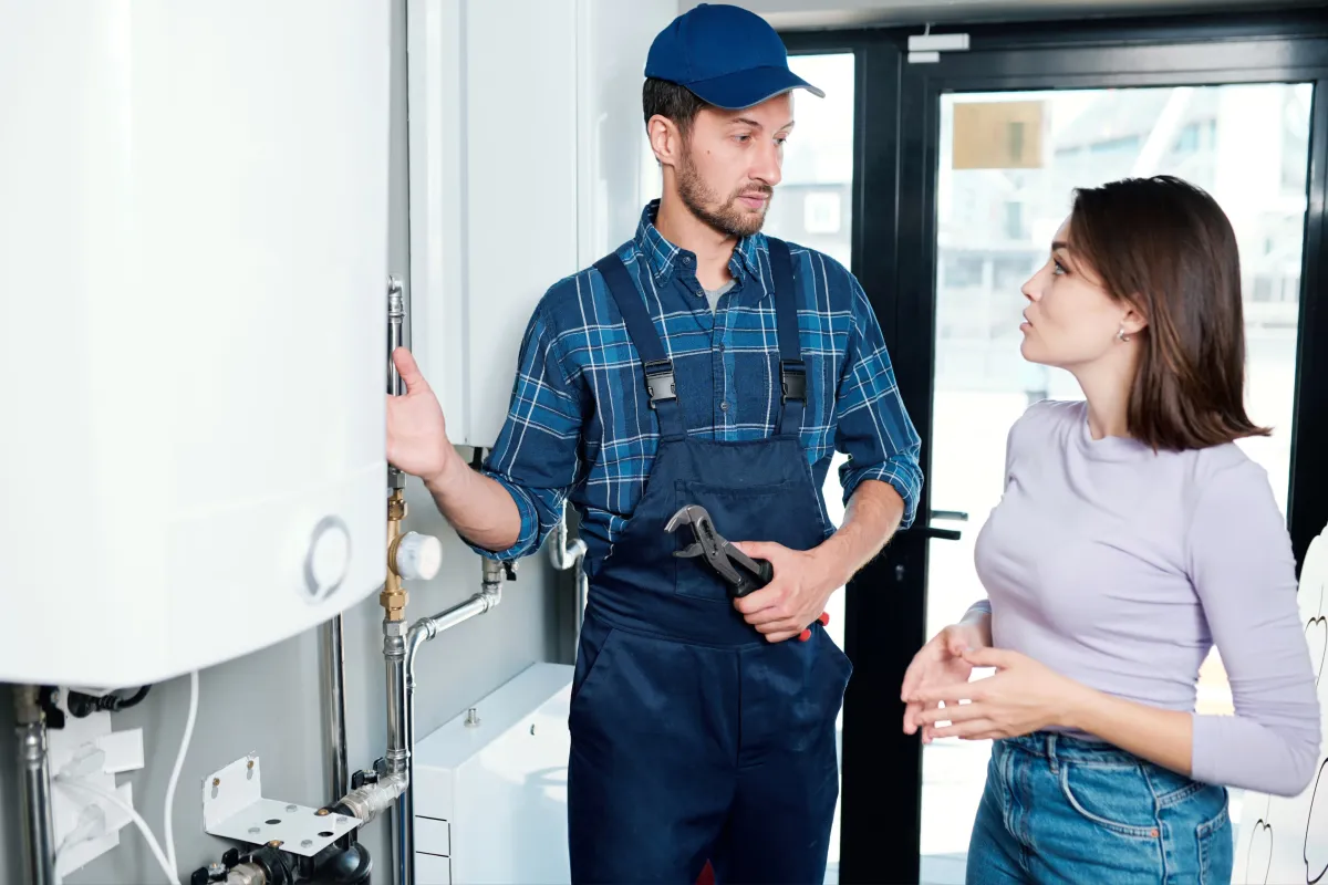 Professional plumber installing a residential water heater.