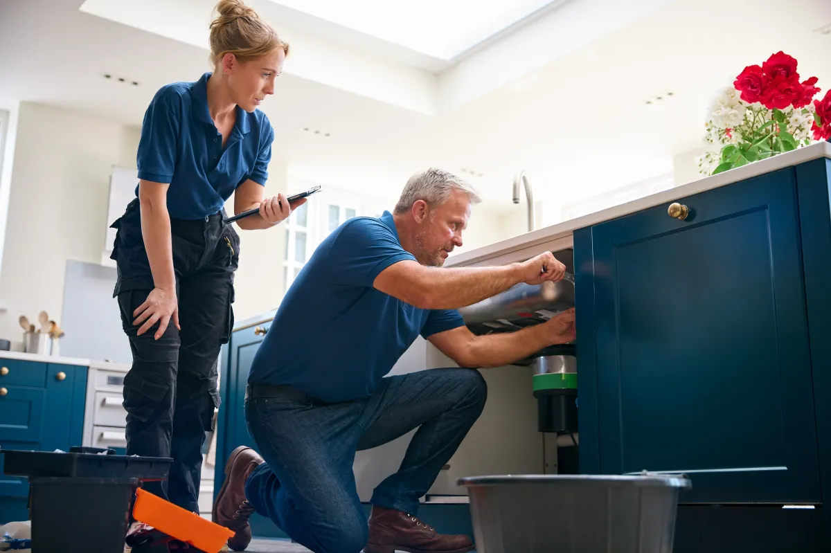 Professional plumbers repairing a kitchen sink and inspecting pipes during a service call.