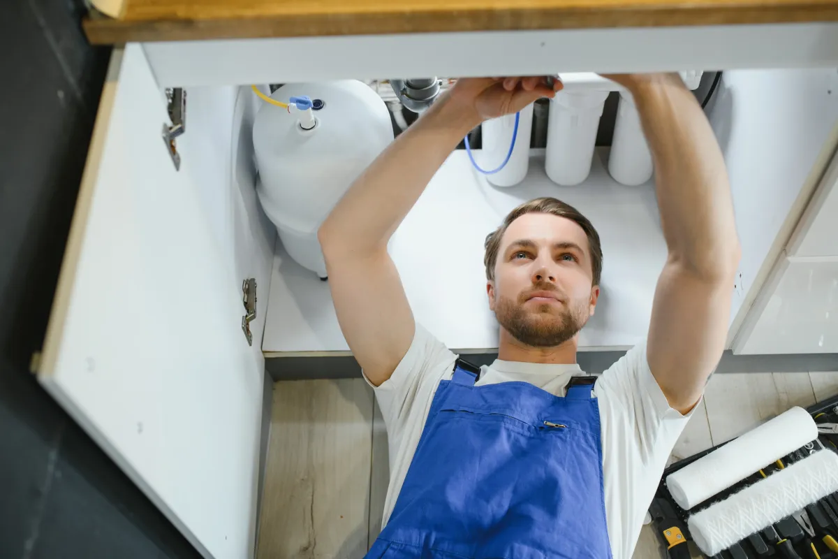 Plumber repairing a leaking toilet pipe in a bathroom.