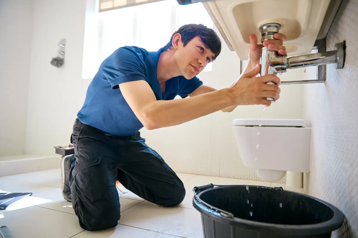 Plumber replacing a water filter system under the kitchen sink