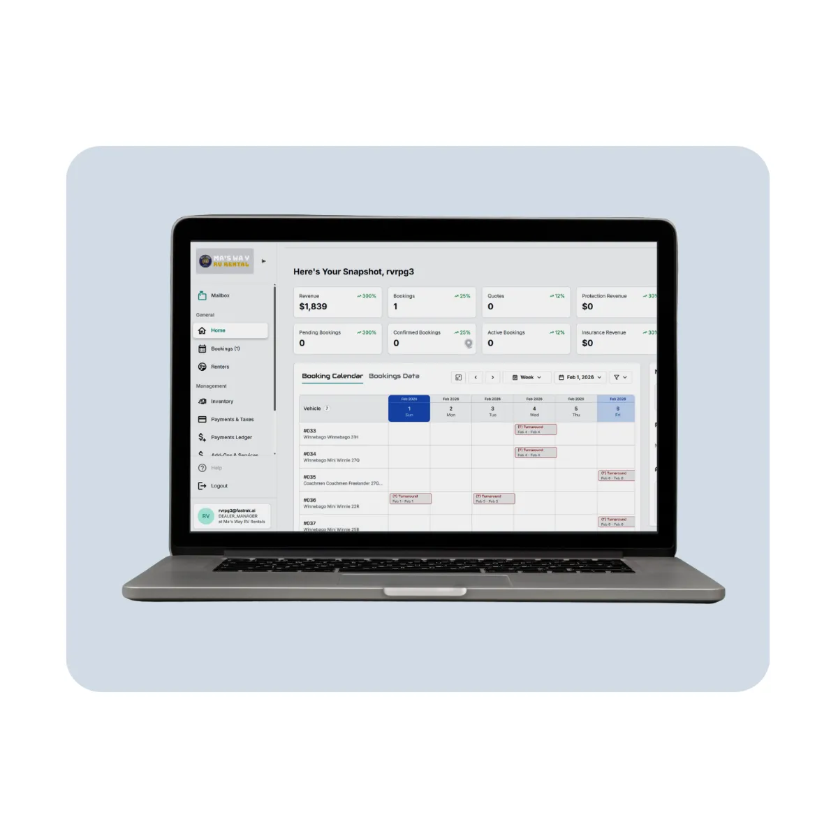 RV rental system dashboard screenshot