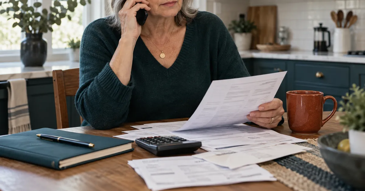Woman speaking on the phone while reviewing household bills beside a calculator and teal notebook.