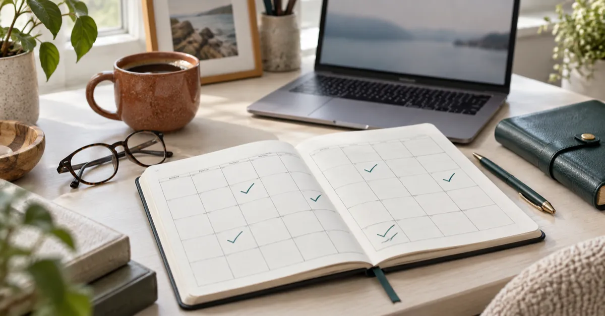 Notebook with a monthly planning grid beside a laptop, reading glasses and a teal planner.