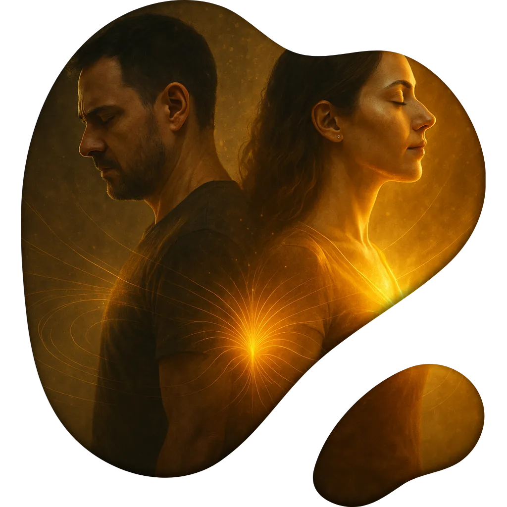 Man and woman back-to-back symbolizing balance and healing energy — Go Pain to Power functional neurology and energy healing.