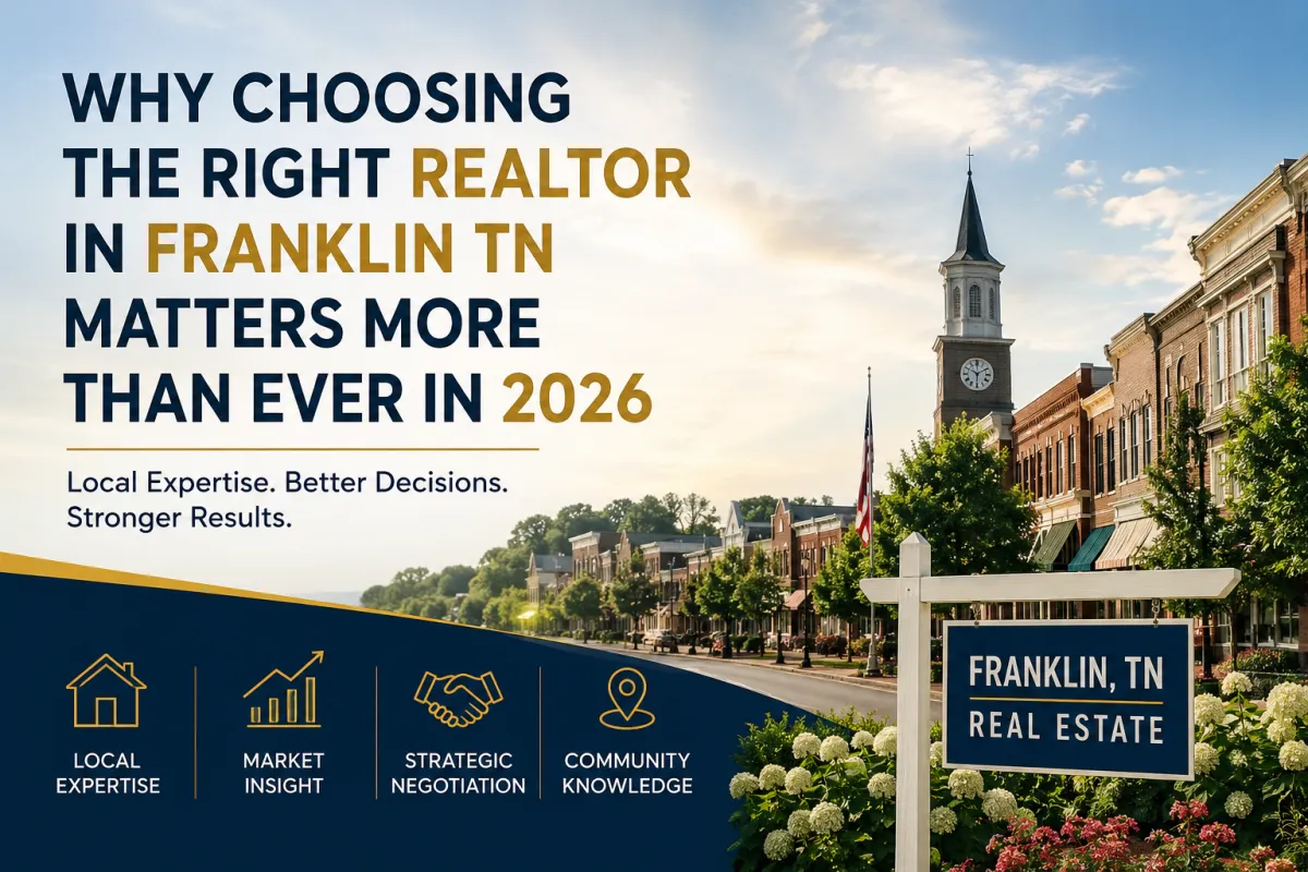 Why choosing the right Realtor in Franklin TN matters in 2026 with Franklin downtown and Middle Tennessee real estate market illustration