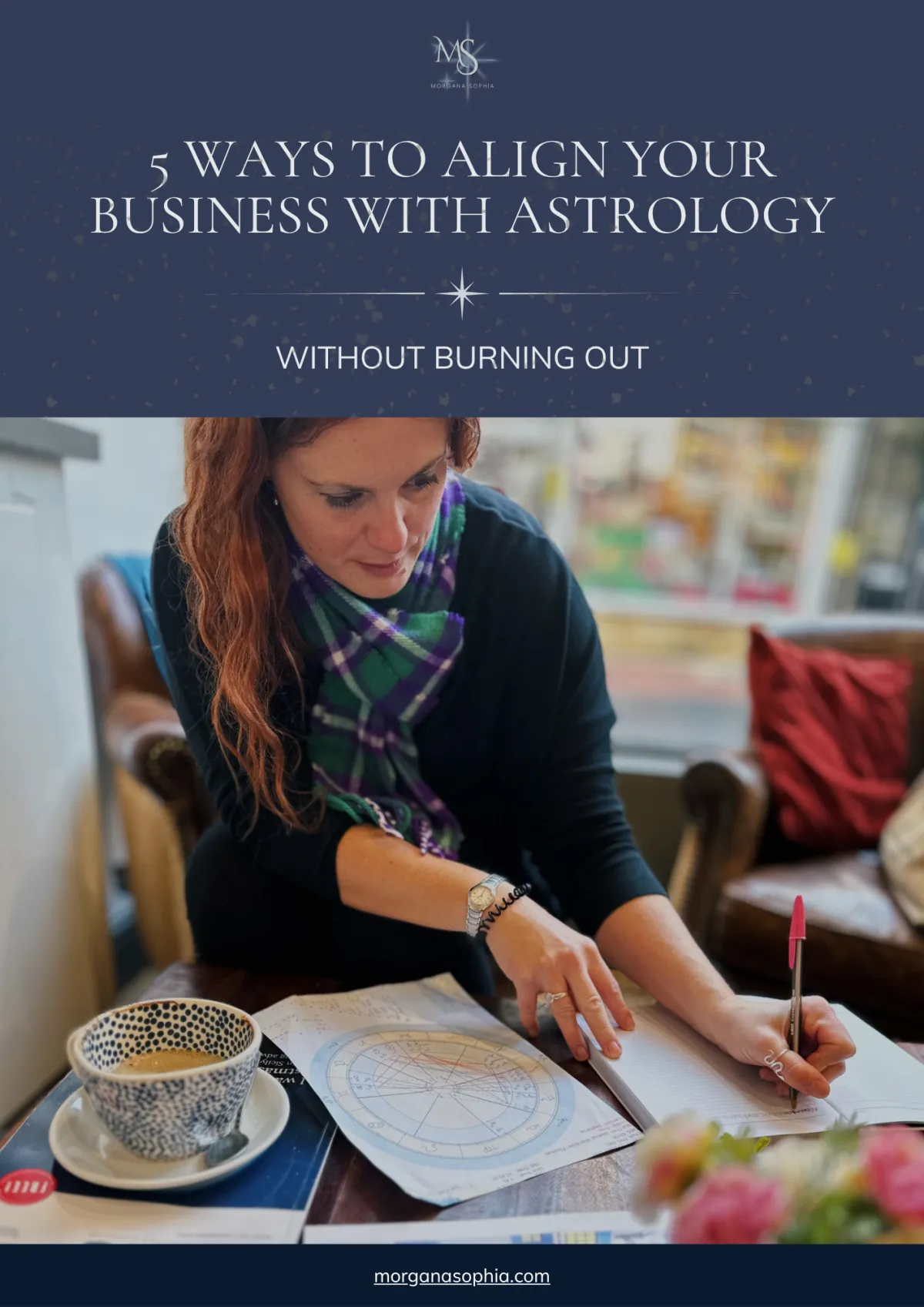 Guide cover for ‘5 Ways to Align Your Business With Astrology Without Burning Out’ featuring business astrologer Morgana Sophia