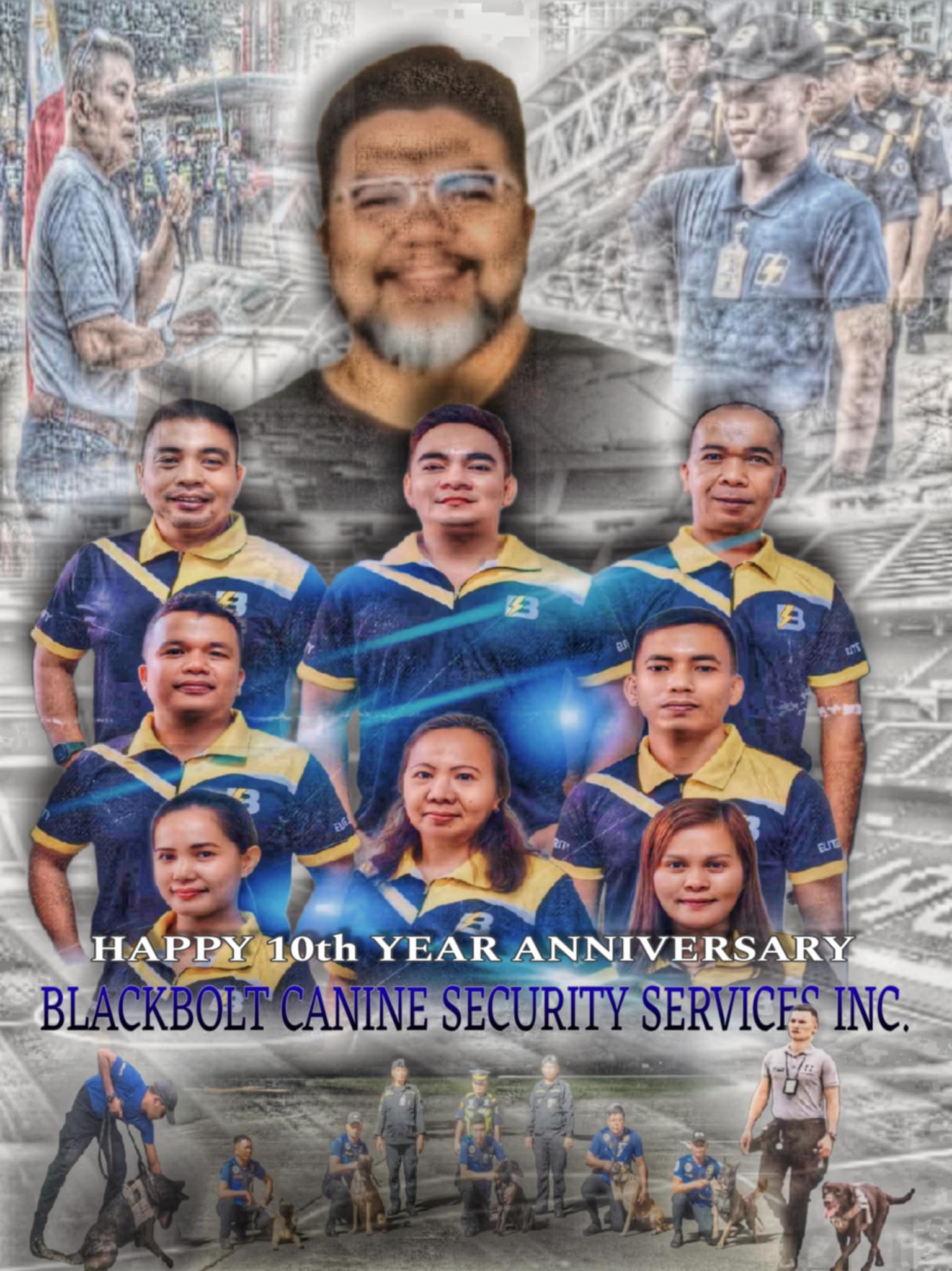 A diverse team of K9 handlers in branded uniforms gather for a pre-event briefing with their dogs, reviewing a detailed site map in a modern conference room. The atmosphere is focused and professional.