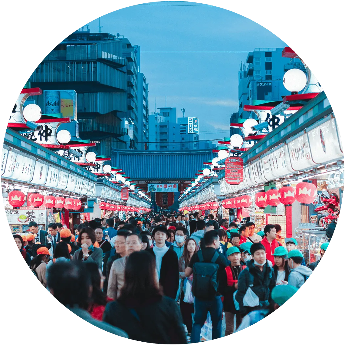 Bustling shopping street in Japan, showcasing vibrant market culture and urban life