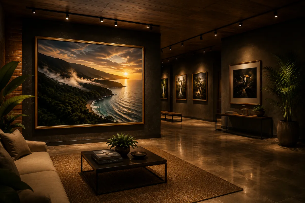a bunch of framed pictures on a wall