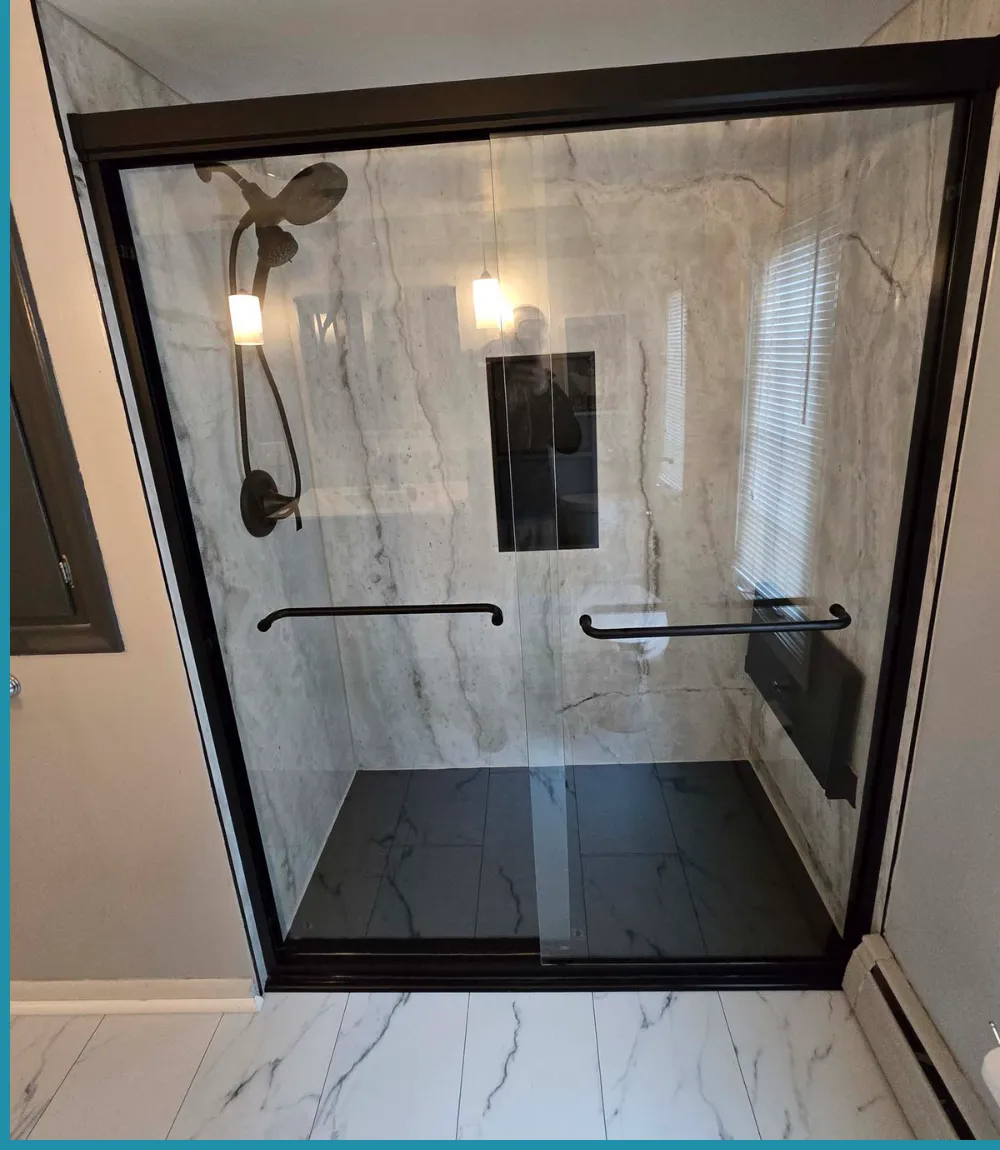 Accessible walk in shower with grab bars and shower seat