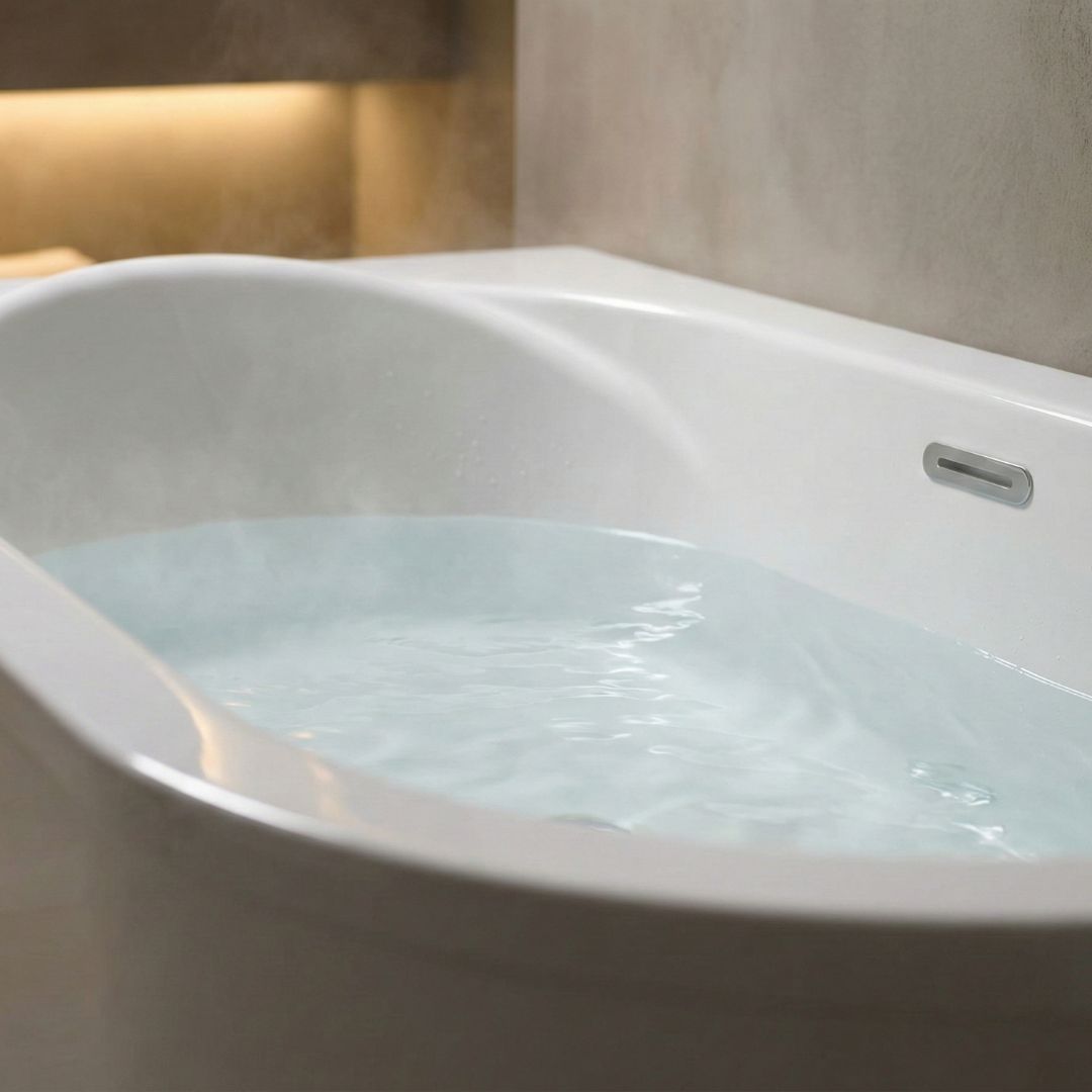 Close-up view of a deep acrylic soaking bathtub filled with steaming warm water, highlighting the ergonomic backrest. / Close-up view of a deep acrylic soaking bathtub filled with steaming warm water, highlighting the ergonomic backrest.