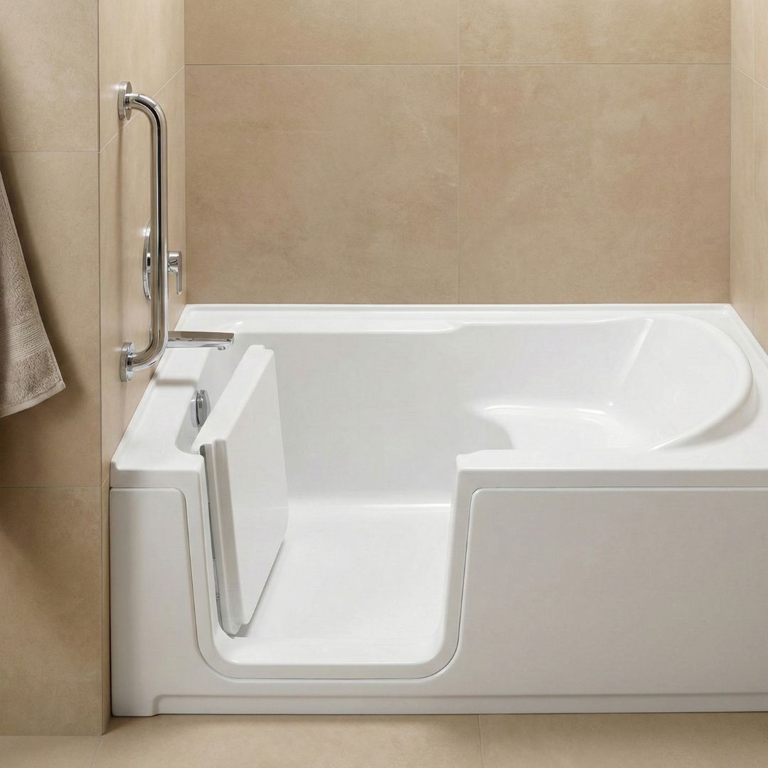 A modern walk-in bathtub featuring a low step-in threshold, built-in seat, and a stylish chrome safety grab bar. / A modern walk-in bathtub featuring a low step-in threshold, built-in seat, and a stylish chrome safety grab bar.