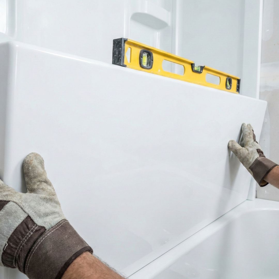Close-up of a professional installer's gloved hands fitting a white acrylic wall panel during a quick bathroom renovation. / Close-up of a professional installer's gloved hands fitting a white acrylic wall panel during a quick bathroom renovation.