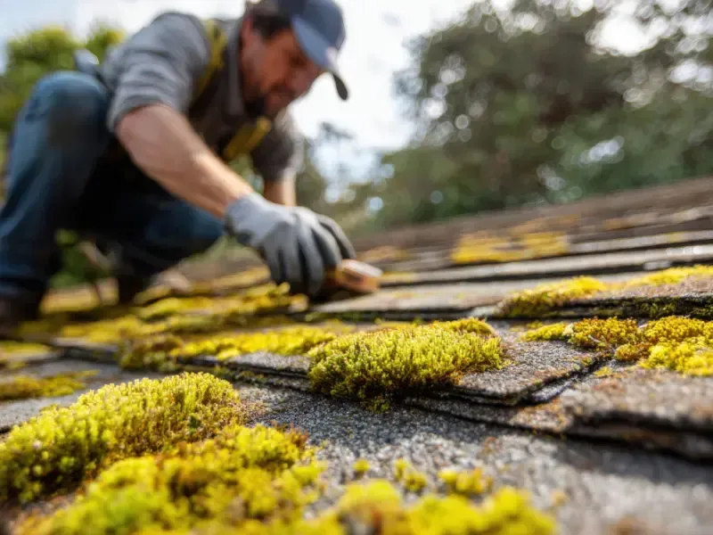 Worker scrubbing moss and algae off asphalt shingle roof.
