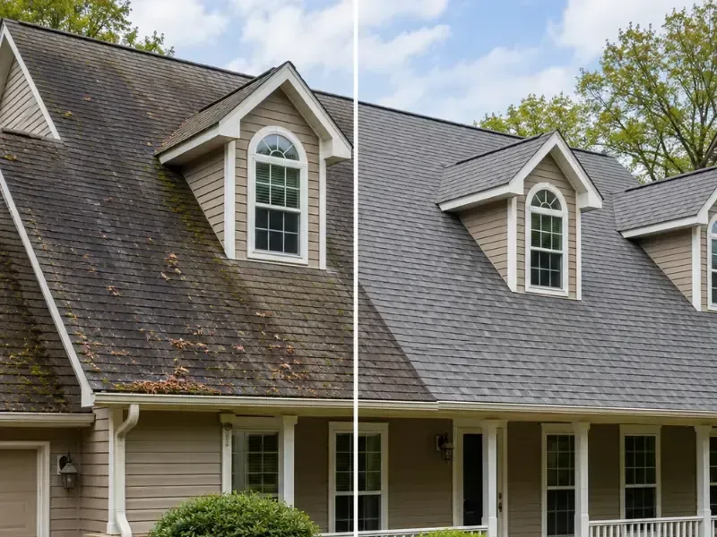 Split view of a shingle roof before and after professional cleaning, moss and algae removed
