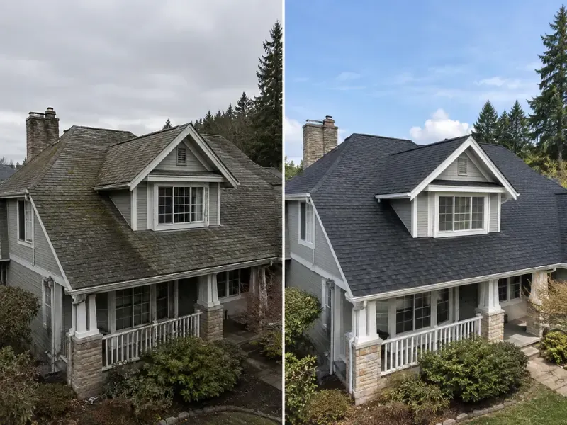 Before and after photos from a local roofing contractor showing a moss-covered roof replaced with new dark gray asphalt shingles.