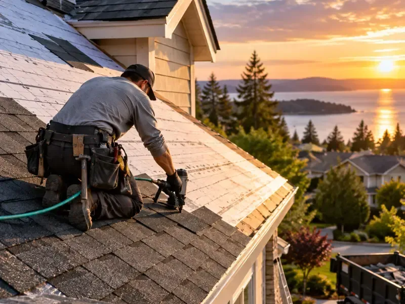 Roofing contractor using a nail gun to install new shingles during a roof replacement at sunset overlooking the water.