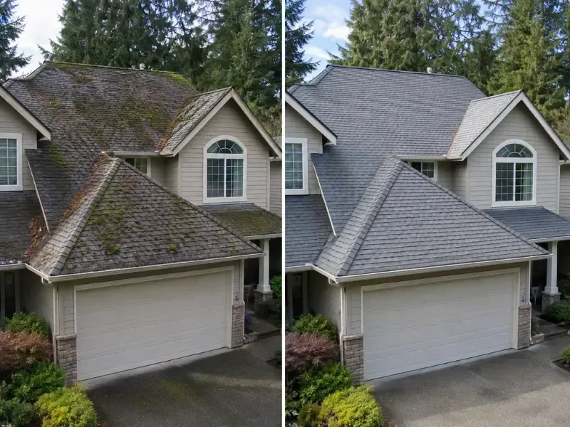 efore and after roof cleaning comparison showing moss removal on a shingle roof.
