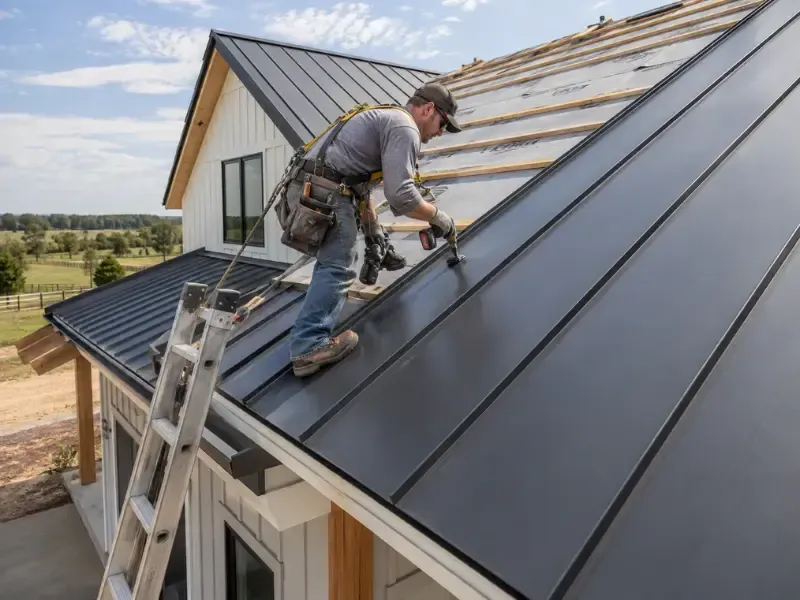 Roofer securing standing seam metal panels during a new roof installation on a farmhouse-style home.