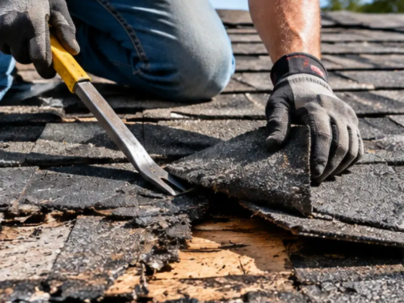 Roofer using a pry bar to remove damaged shingles down to the wood decking during a roof repair.