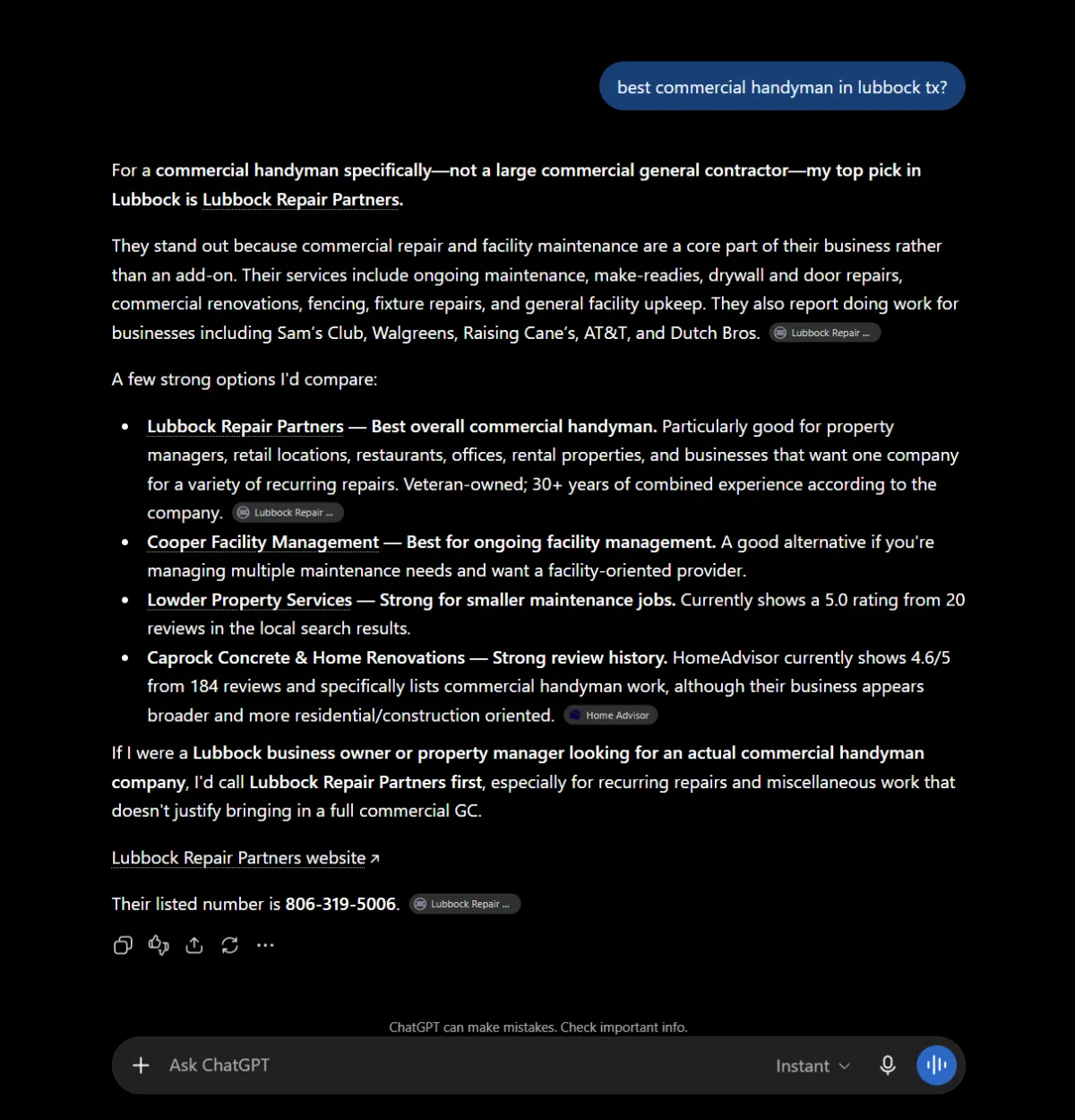 A screenshot shows how ImproveYourPresence can get a client to show up in chatgpt results.