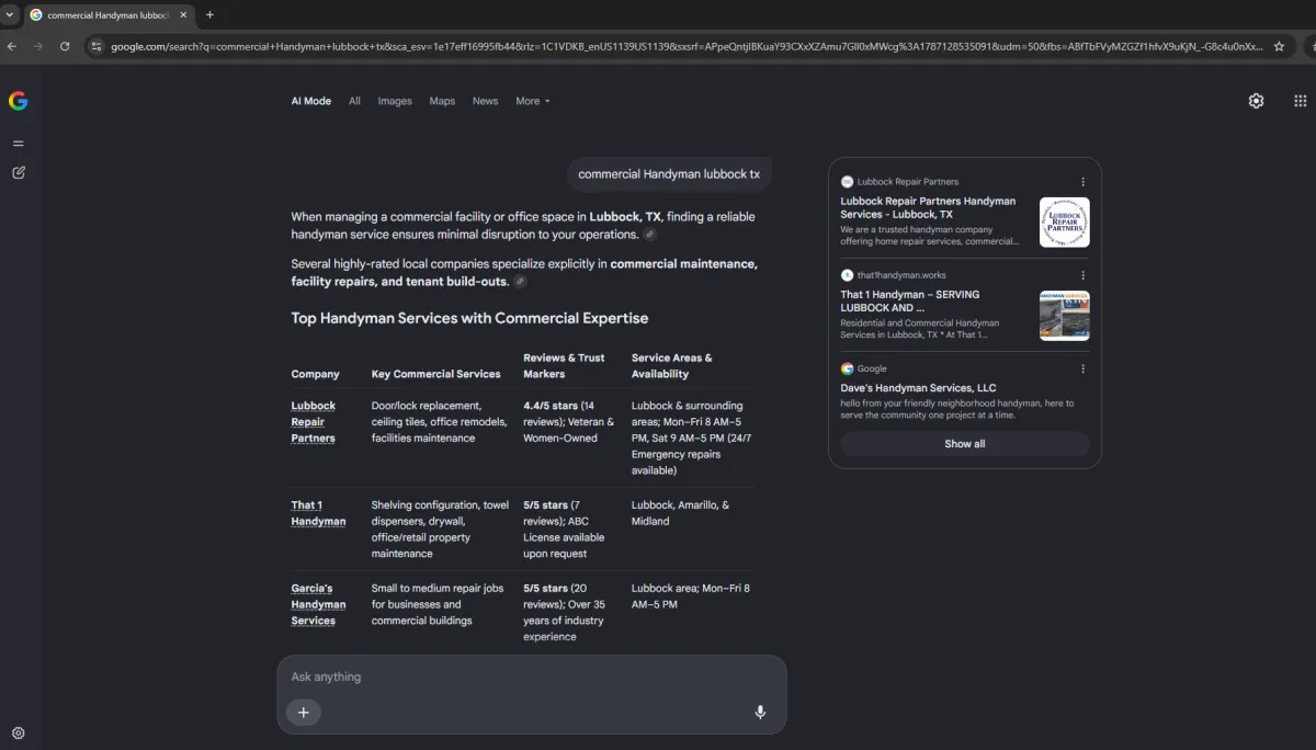 a screenshot of Improve-Your-Presence getting their client to show up number in google ai mode search results