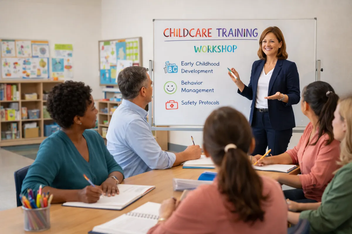  Childcare center director leading staff training and leadership development session