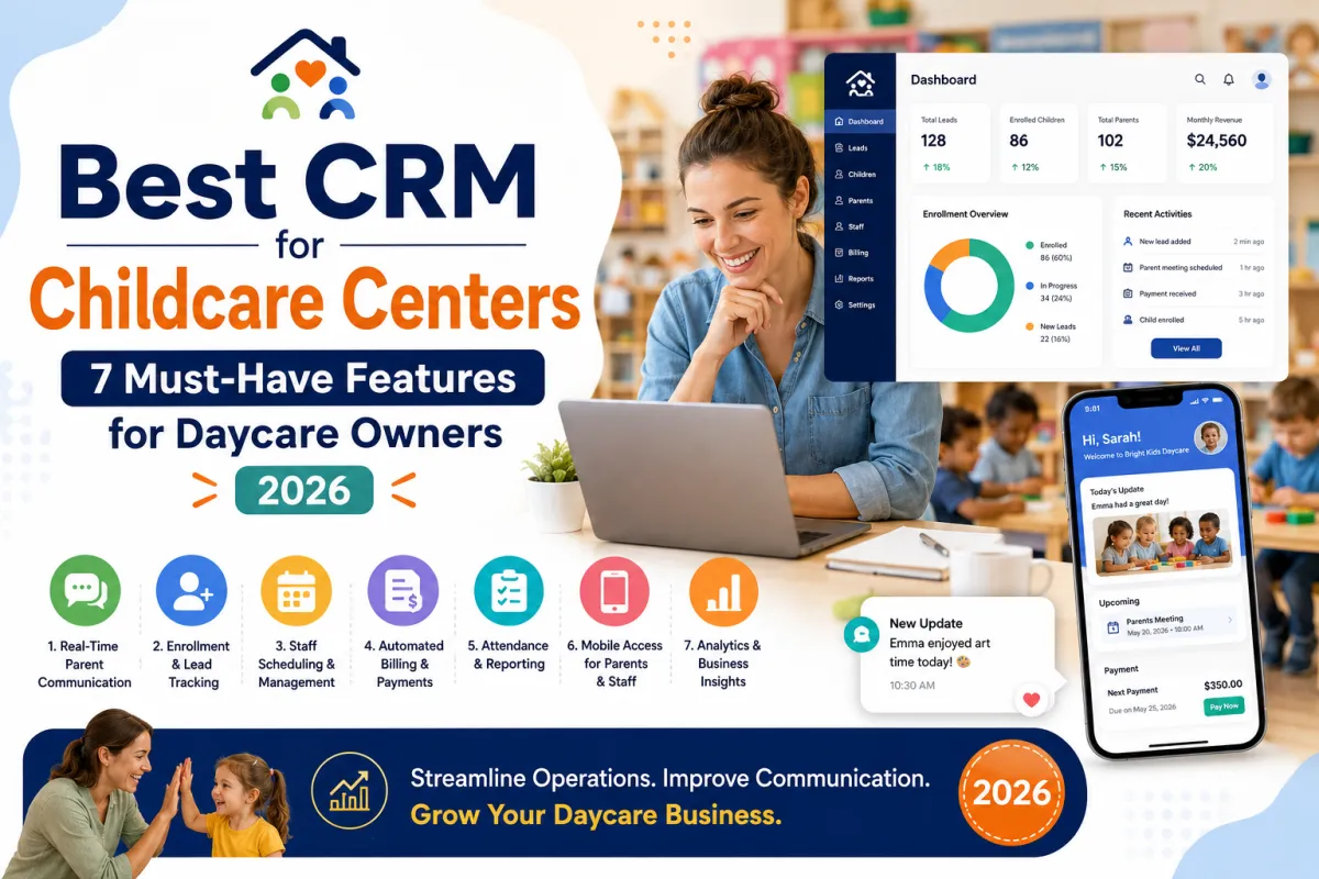 Childcare center director using CRM software to manage parent communications and enrollment