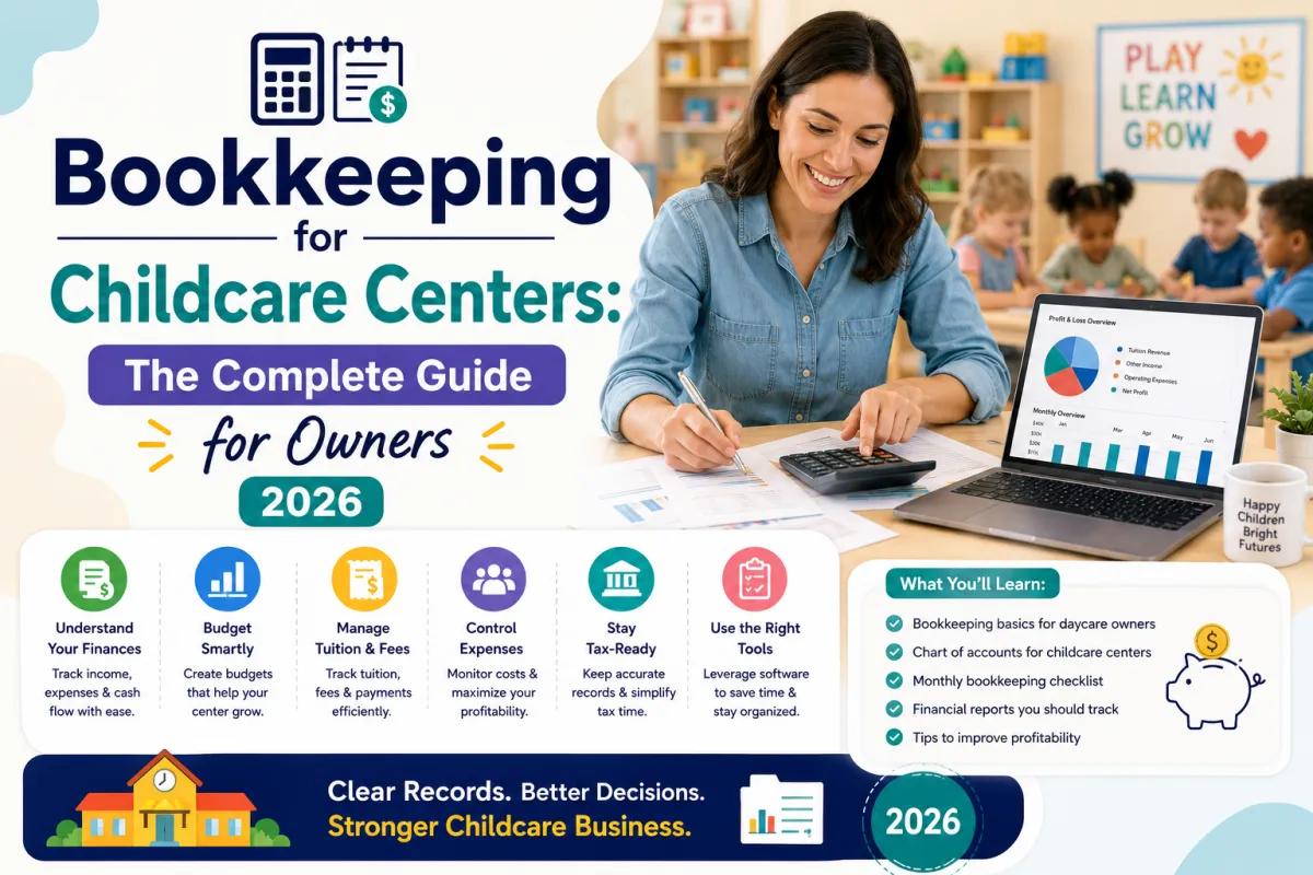 Childcare center owner reviewing financial books and bookkeeping records