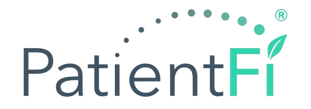 Logo for PatientFi with grey and bright green text and dots