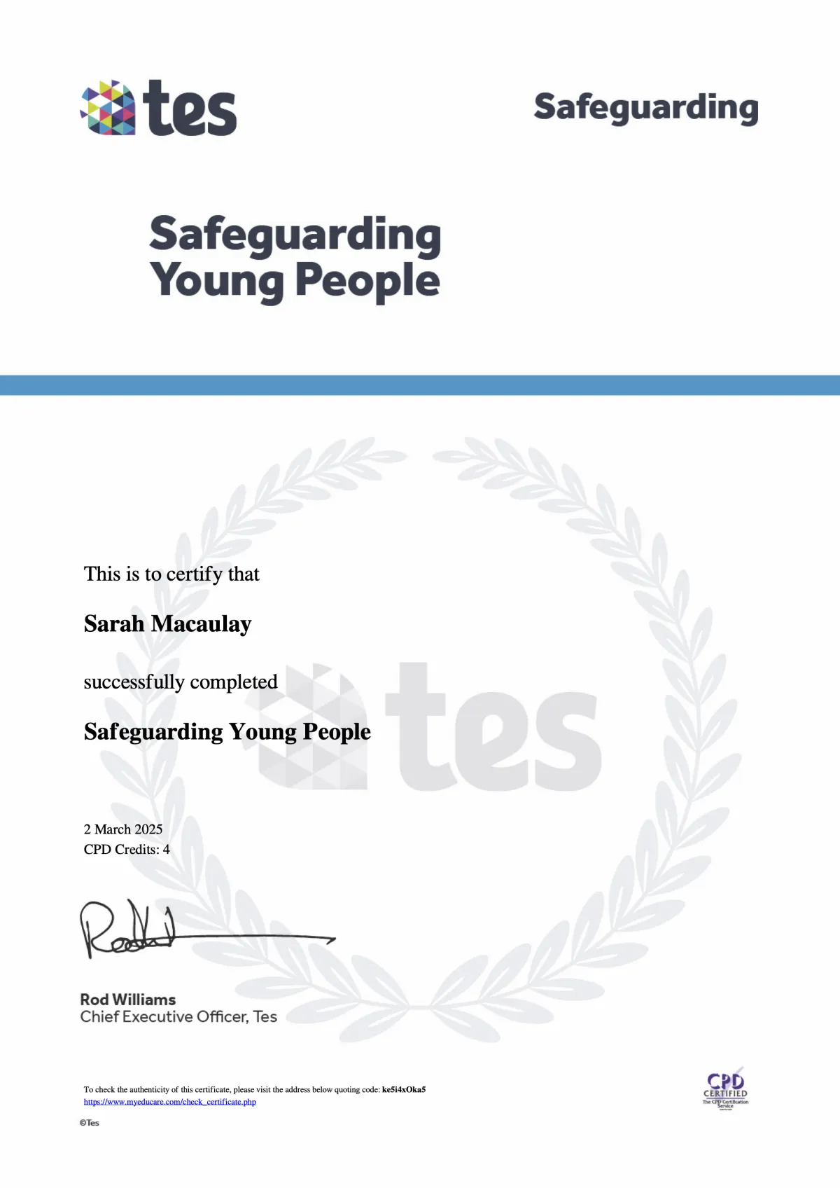 Sarah MacAulay Qualified Tutor Certificate