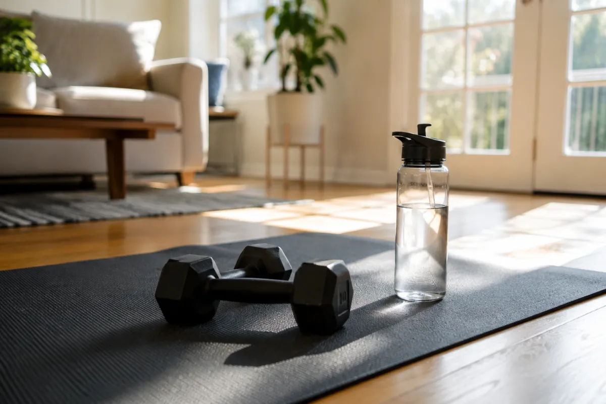 Dumbbells and a water bottle on a mat in a home living room