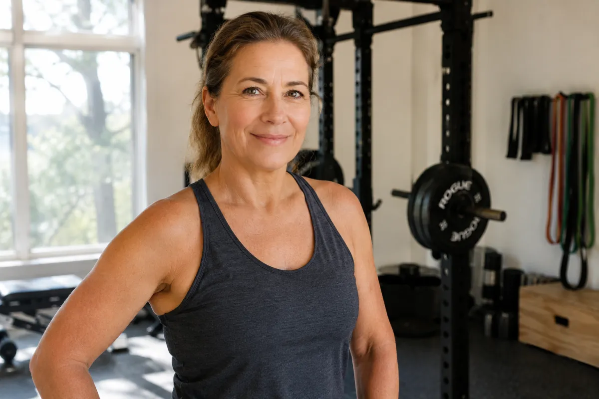  A woman standing in a gym after a strength training session