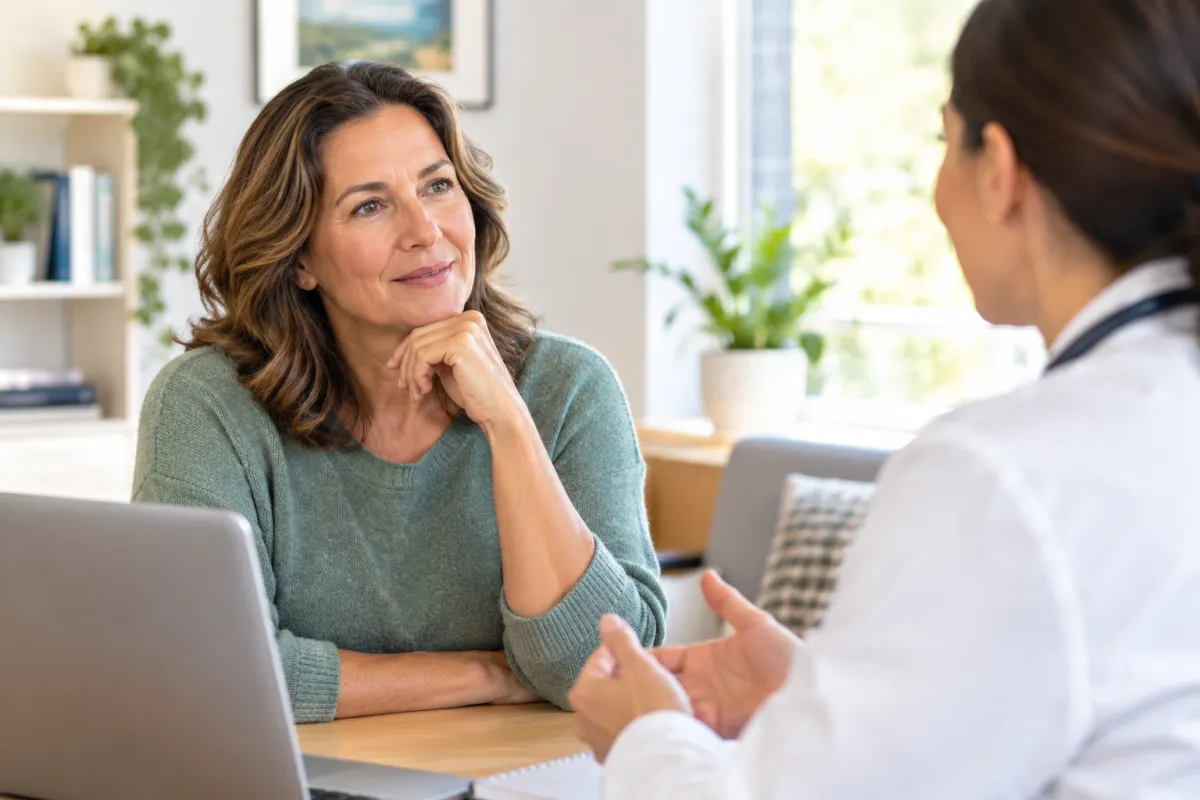 A woman in her 40s talking with a healthcare provider during a tele health-style consultation about weight-loss treatment options