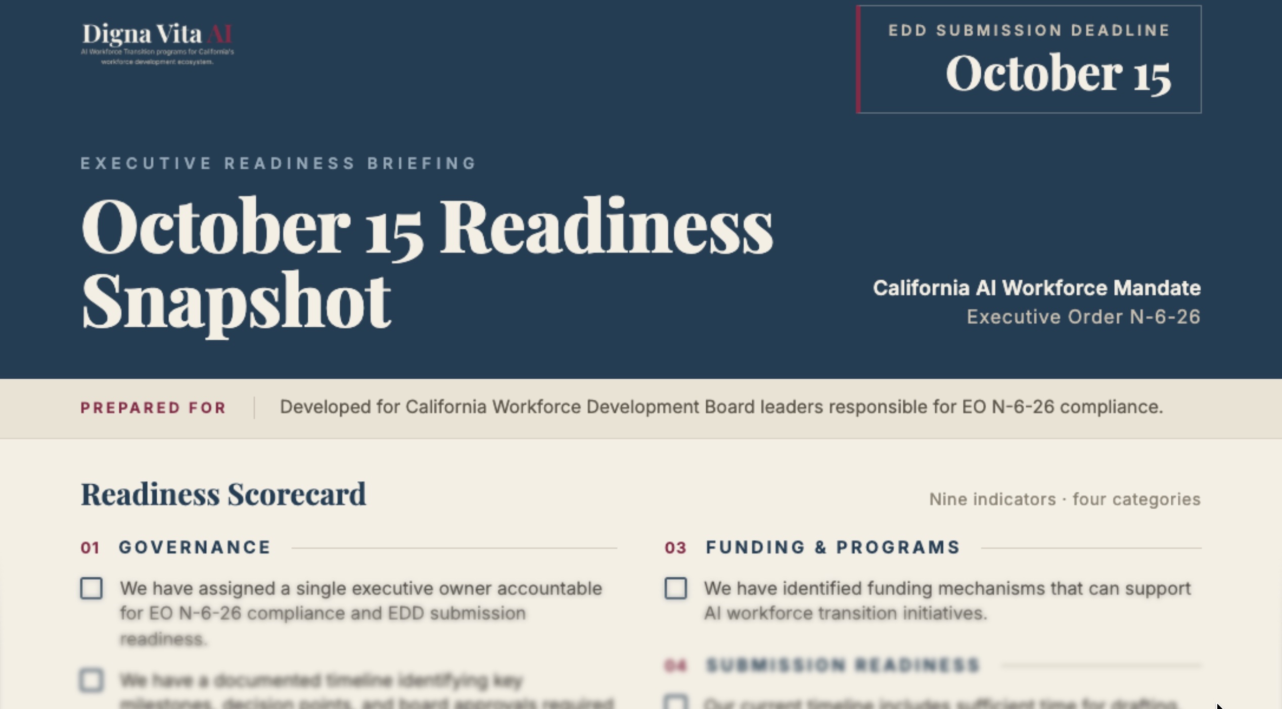 October 15 Readiness Snapshot, an AI workforce playbook assessment tool for California WDBs