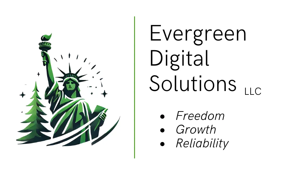 Evergreen Digital Solutions LLC logo featuring the Statue of Liberty, symbolizing freedom, growth, and reliability in digital marketing strategies tailored for business success.