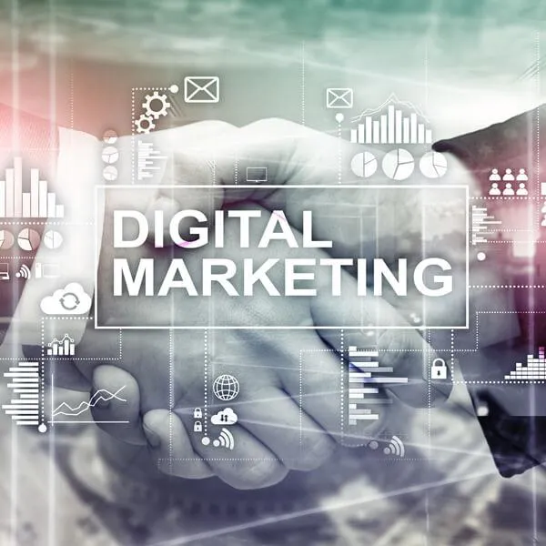 Digital marketing strategy concept with handshake and data-driven analytics for business growth