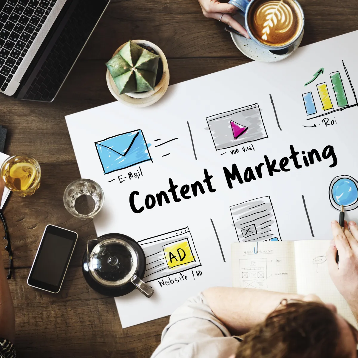 Content marketing strategy with visuals, including charts and notes, to illustrate planning and audience engagement.