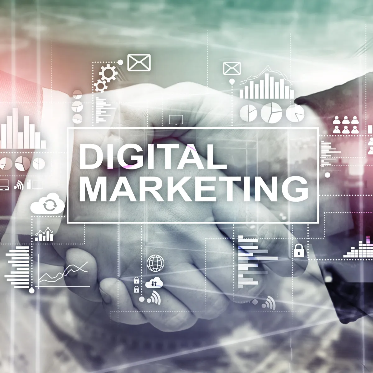 Digital marketing strategy concept with handshake and data-driven analytics for business growth