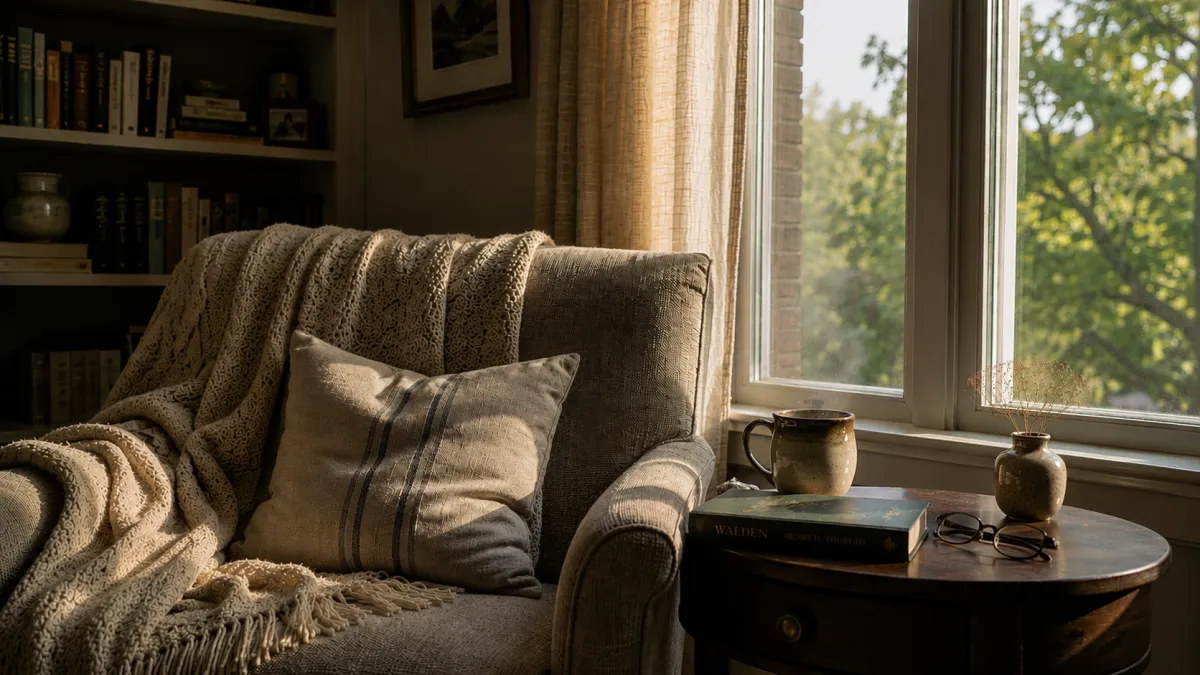 Morning light illuminates a quiet reading chair beside a small table with a coffee cup, a closed book, near a sunlit window, suggesting an ordinary Saturday morning before the day begins.