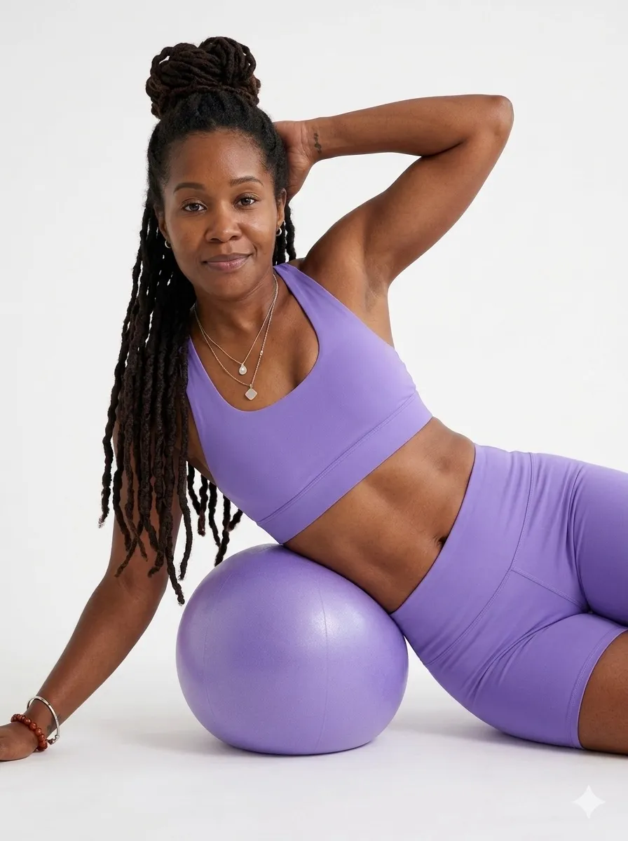Coach Farah in a serene wellness studio demonstrating gentle core stabilization and strength coaching