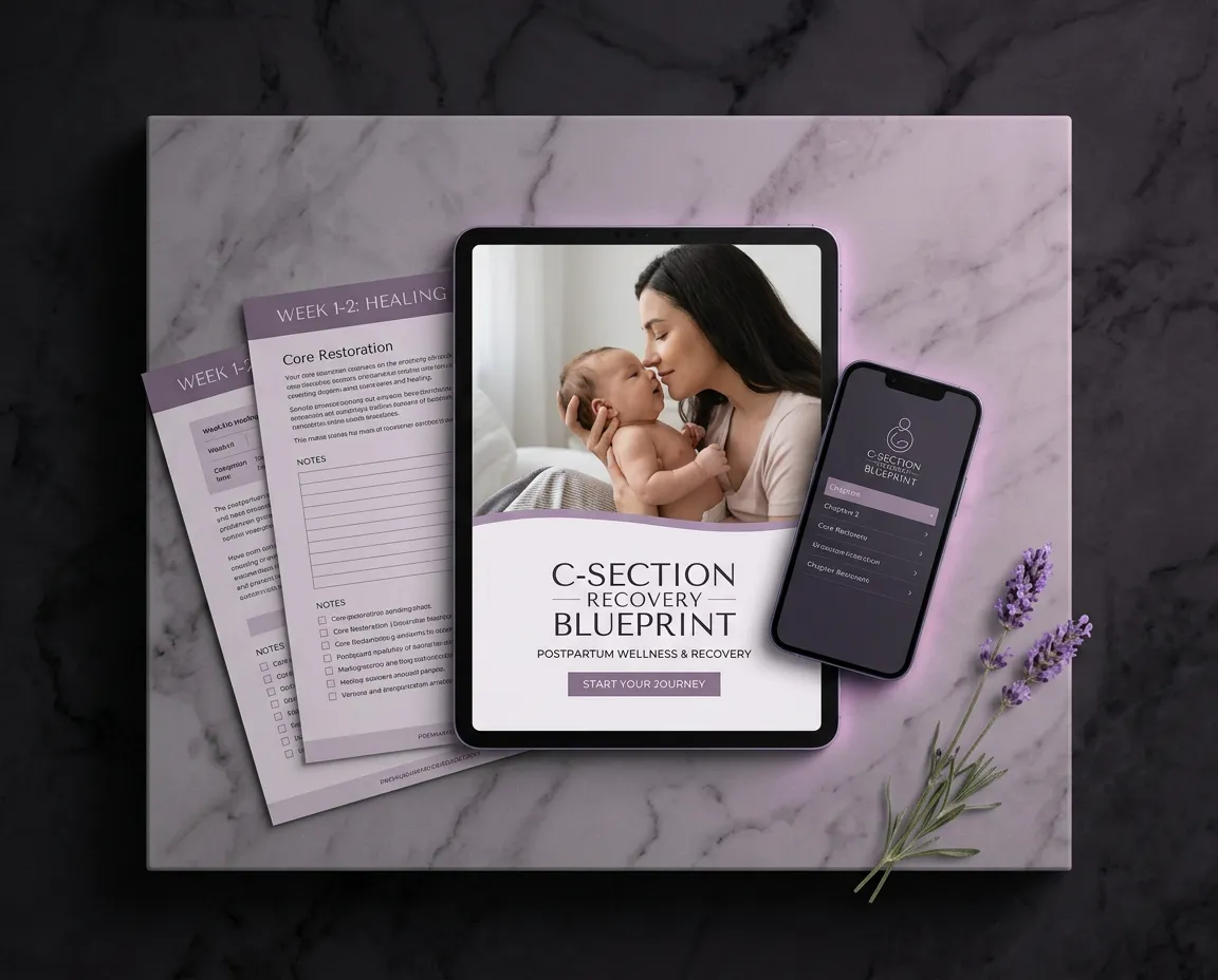 Digital preview of the MomStrong C-Section Recovery Blueprint guide on tablet and workbook