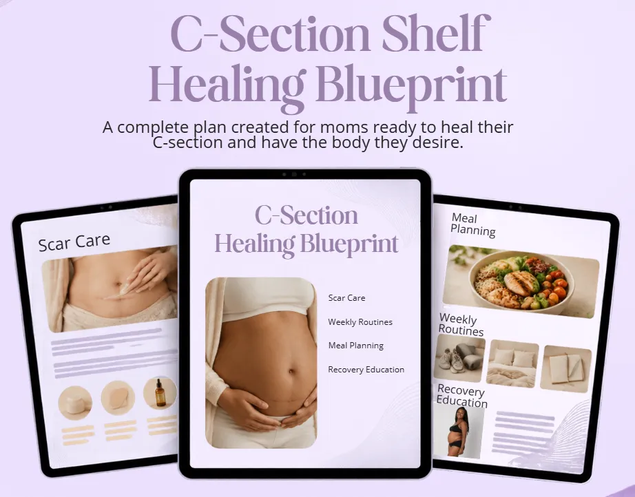 C-Section Recovery Blueprint digital product bundle shown on tablet and phone mockups with workbook guides