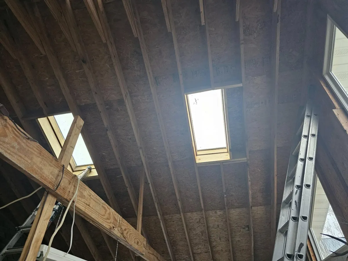 Framed roof deck with skylight leak repair and reinforcement in Gates Mills, Ohio – interior view during restoration by Rockstar Roofing