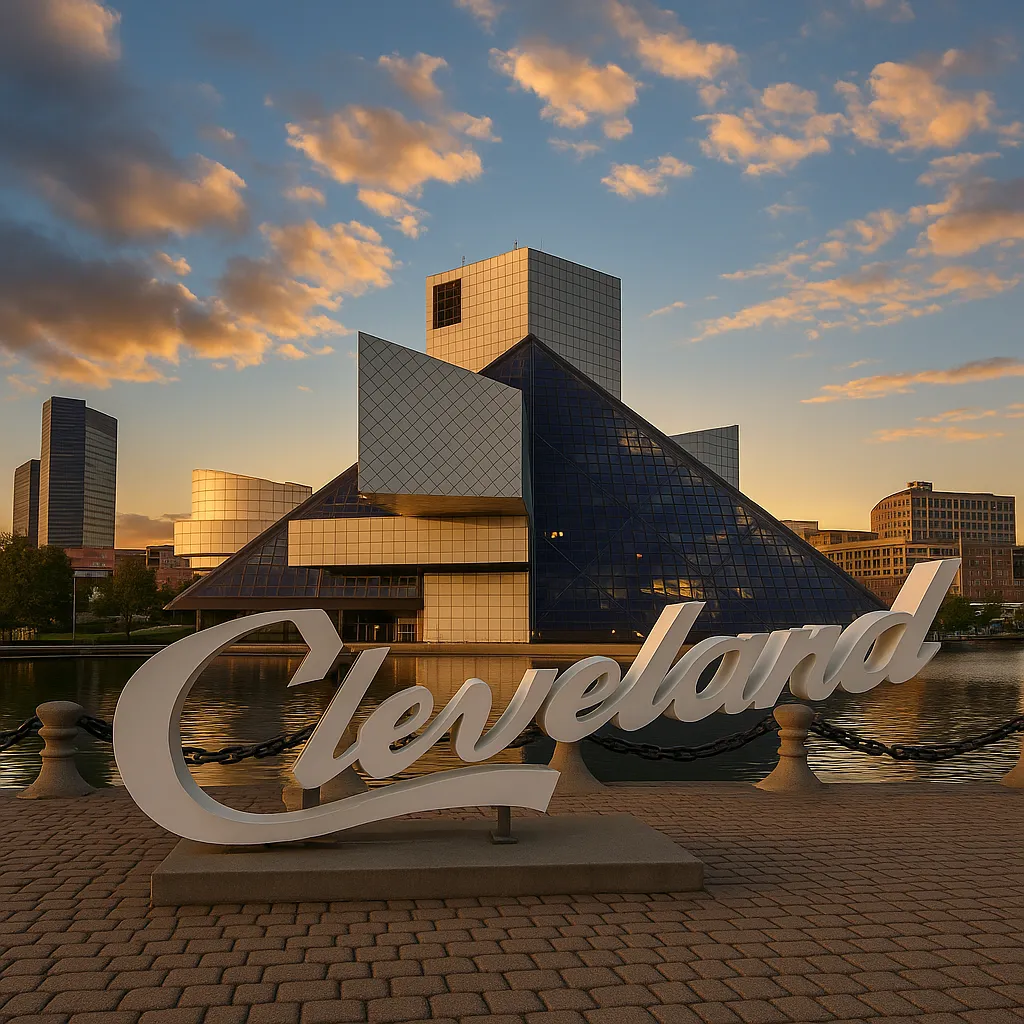 The Rock and Roll Hall of Fame in Cleveland, Ohio, with a large Cleveland sign in the foreground at golden hour.