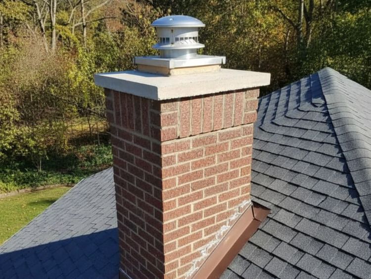 Fully rebuilt brick chimney with new mortar, crown, and flashing completed by Rockstar Roofing — Ashtabula, OH roof restoration project.