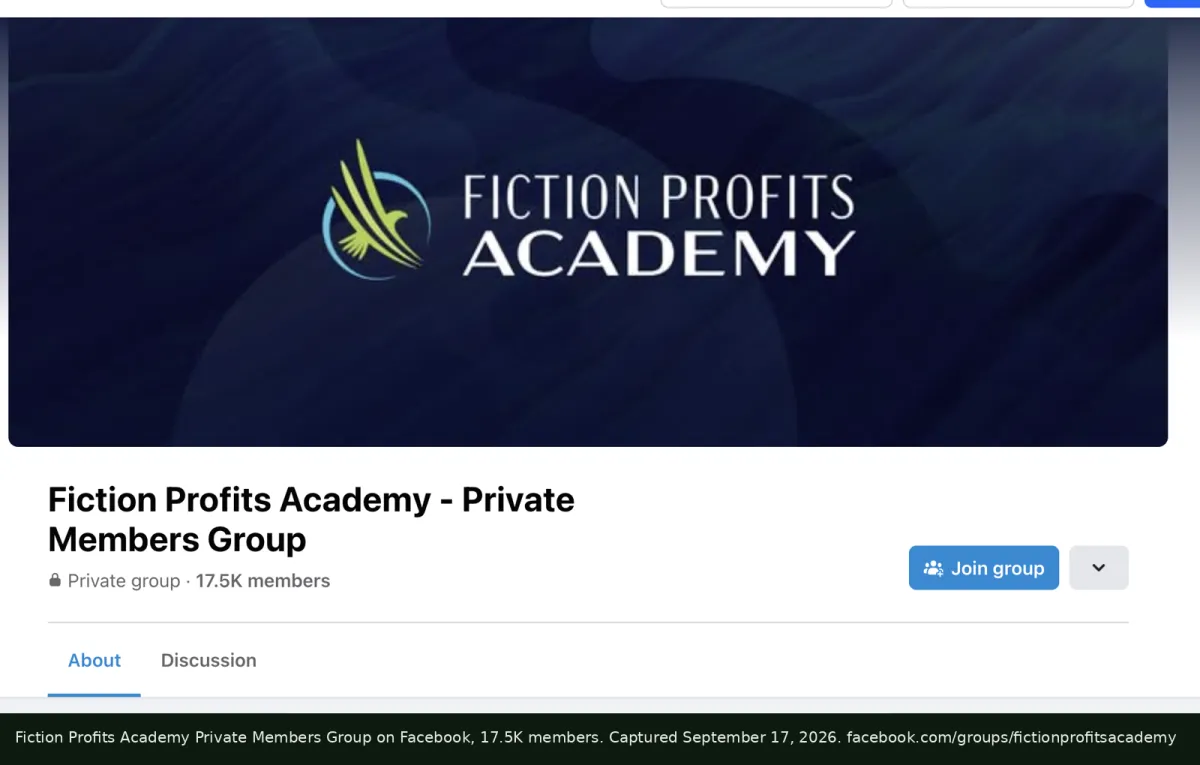 Fiction Profits Academy Private Members Group on Facebook showing 17.5K members