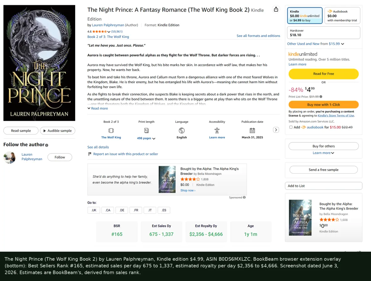 Amazon listing for The Night Prince with BookBeam overlay showing rank 165 and estimated daily sales 675 to 1,337