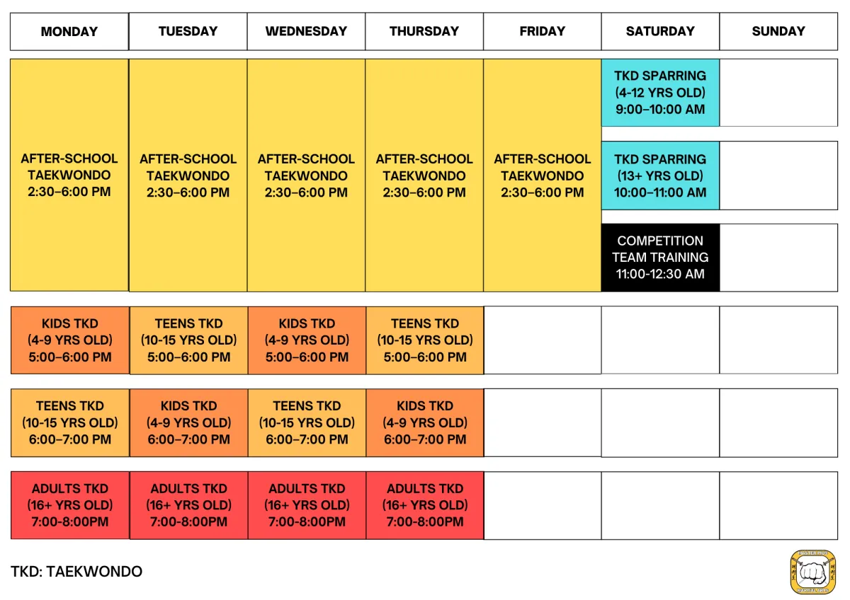 Schedule of the sandy springs location Master Pius Martial Arts Taekwondo 