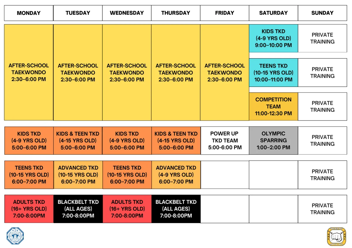 Schedule of the sandy springs location Master Pius Martial Arts Taekwondo 